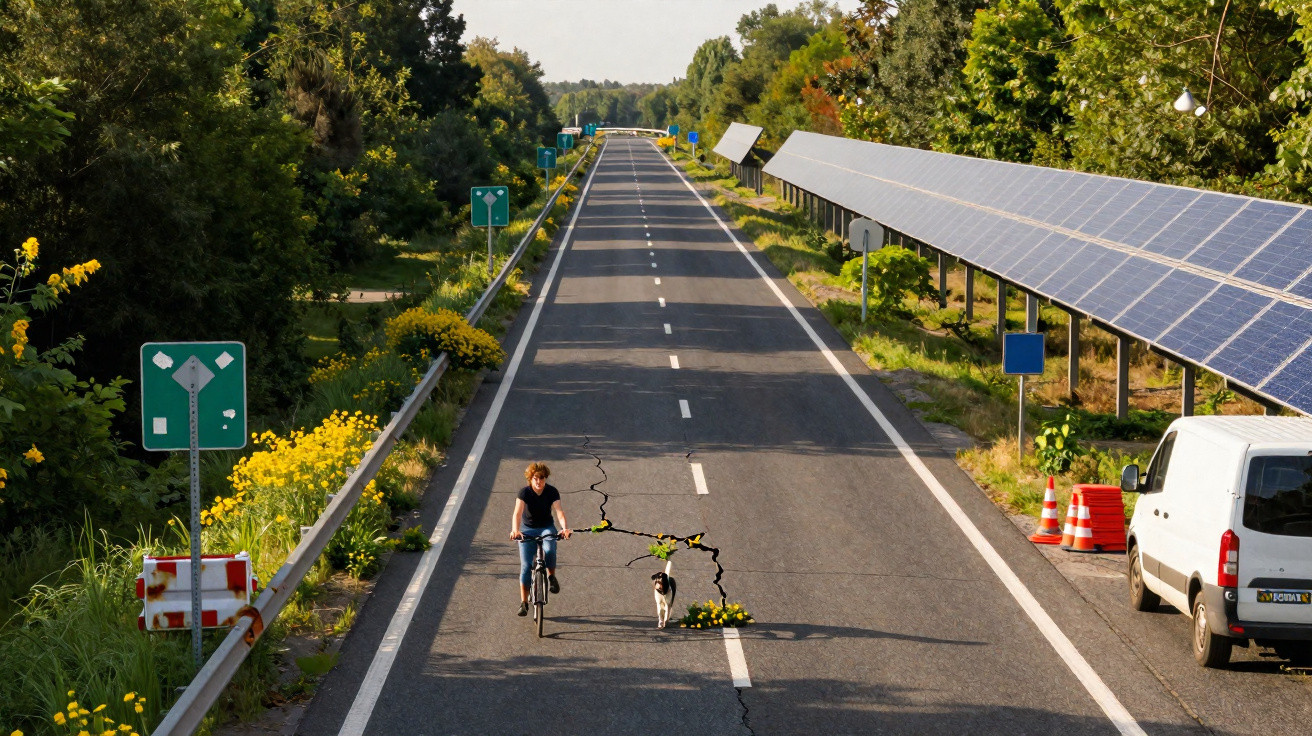 Estrada com painéis solares, mulher a andar de bicicleta e cão ao lado, e plantas a crescer em fendas no asfalto.