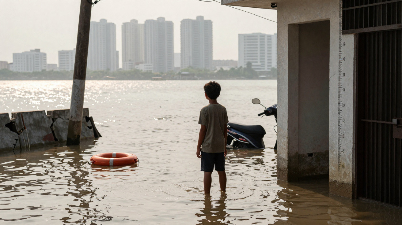 Criança em água de cheia na rua, scooter semi submersa, edifícios altos ao fundo.