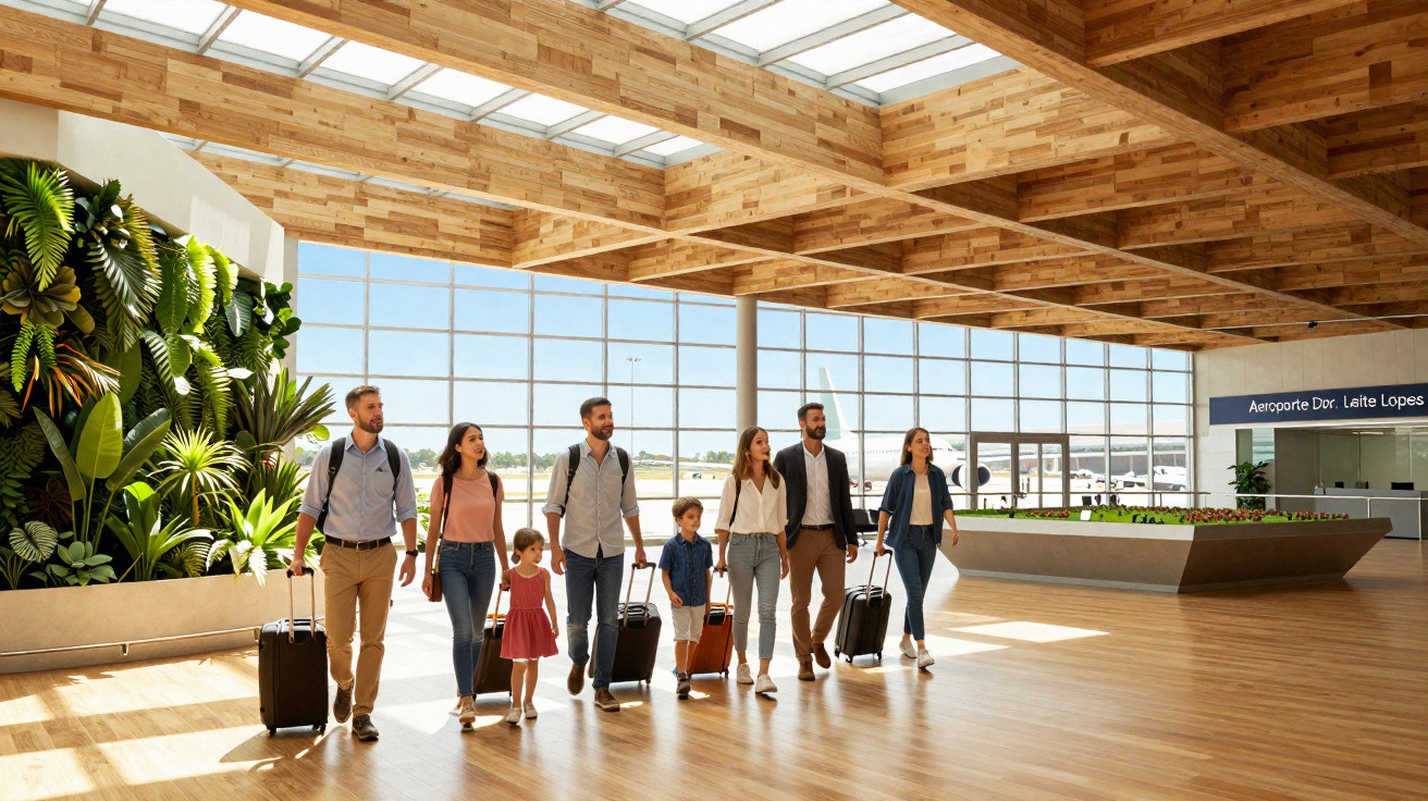 Grupo de adultos e crianças com bagagens a caminhar numa moderna zona interior de aeroporto com luz natural.