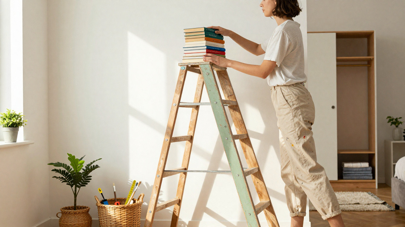 Mulher a colocar livros no topo de uma escada de madeira numa sala luminosa e minimalista.