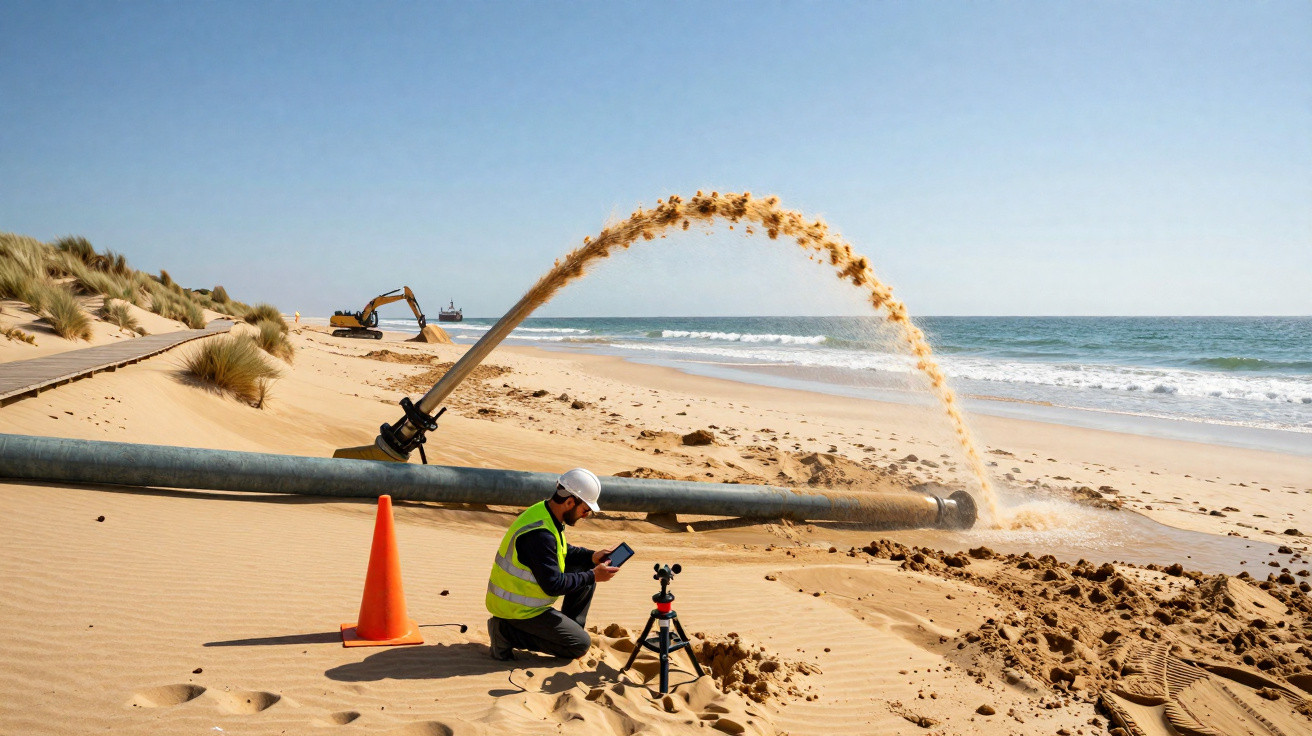 Trabalhador com colete e capacete controla máquina enquanto areia é sugada e lançada na praia junto ao mar.