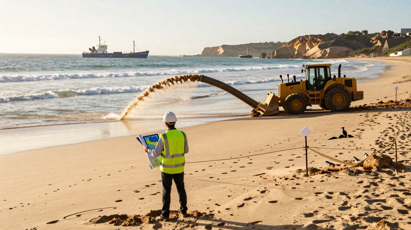 Engenheiro com colete e capacete observa maquinaria a mover areia numa praia com um navio ao fundo.