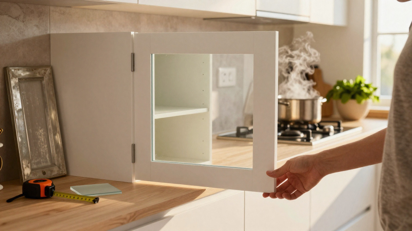 Pessoa a abrir porta de armário branco de cozinha moderna com bancada de madeira e panela a ferver ao fundo.