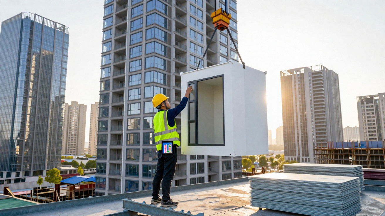 Trabalhador de construção com capacete e colete a guiar módulo pré-fabricado no topo de edifício em construção.