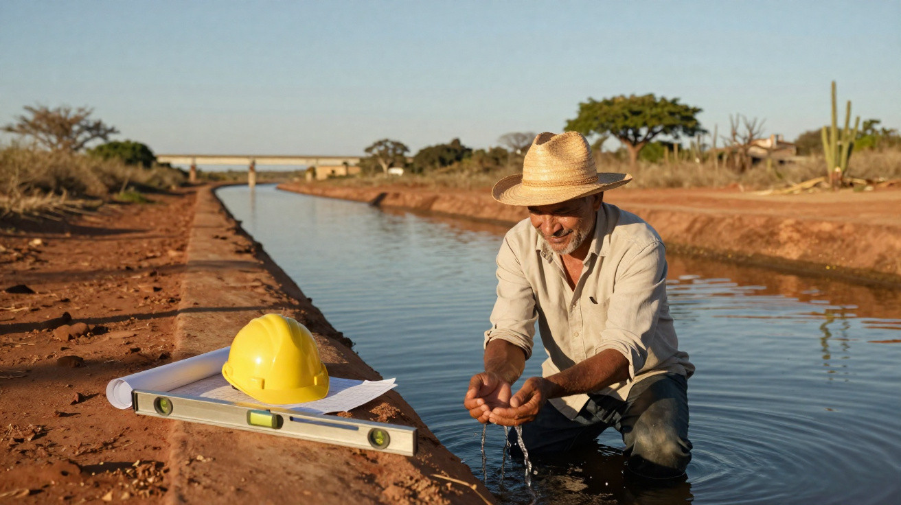 Homem com chapéu recolhe água num canal de irrigação, ao lado capacete e ferramentas de construção.