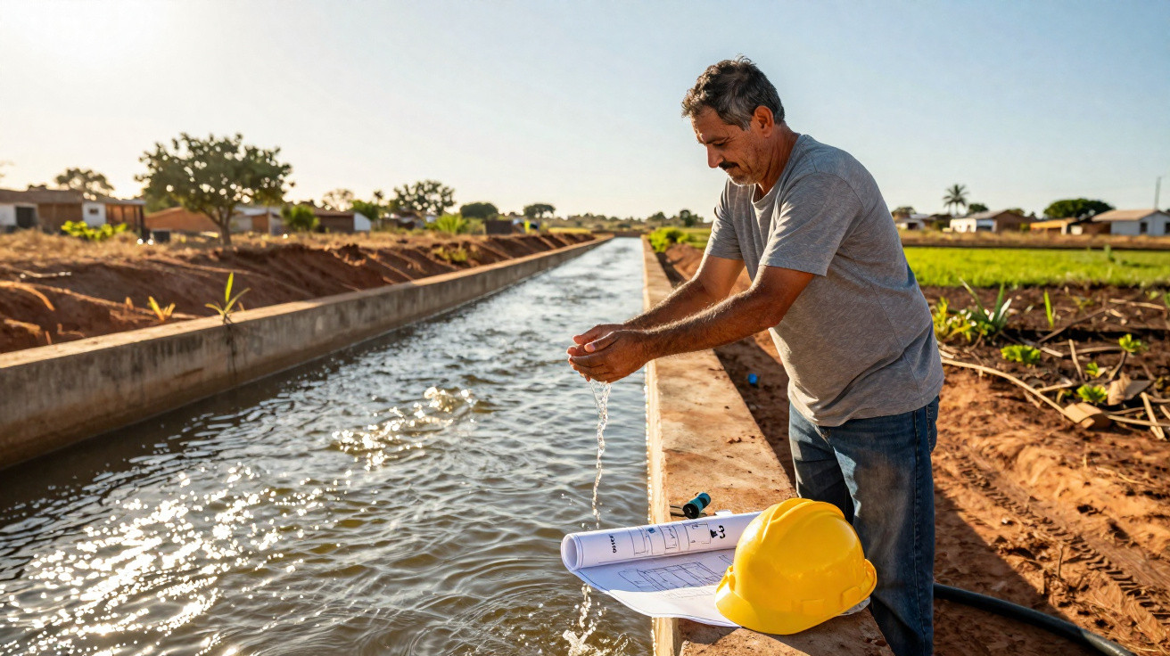 Homem retira água de canal de irrigação numa zona agrícola com capacete e plantas ao lado.