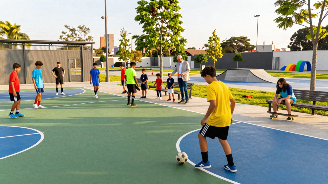 Crianças a jogar futebol num campo exterior com veículos e árvores ao fundo em dia de sol.