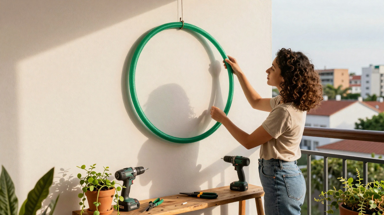 Mulher prende aro verde na parede numa varanda com ferramentas e plantas num banco de madeira.