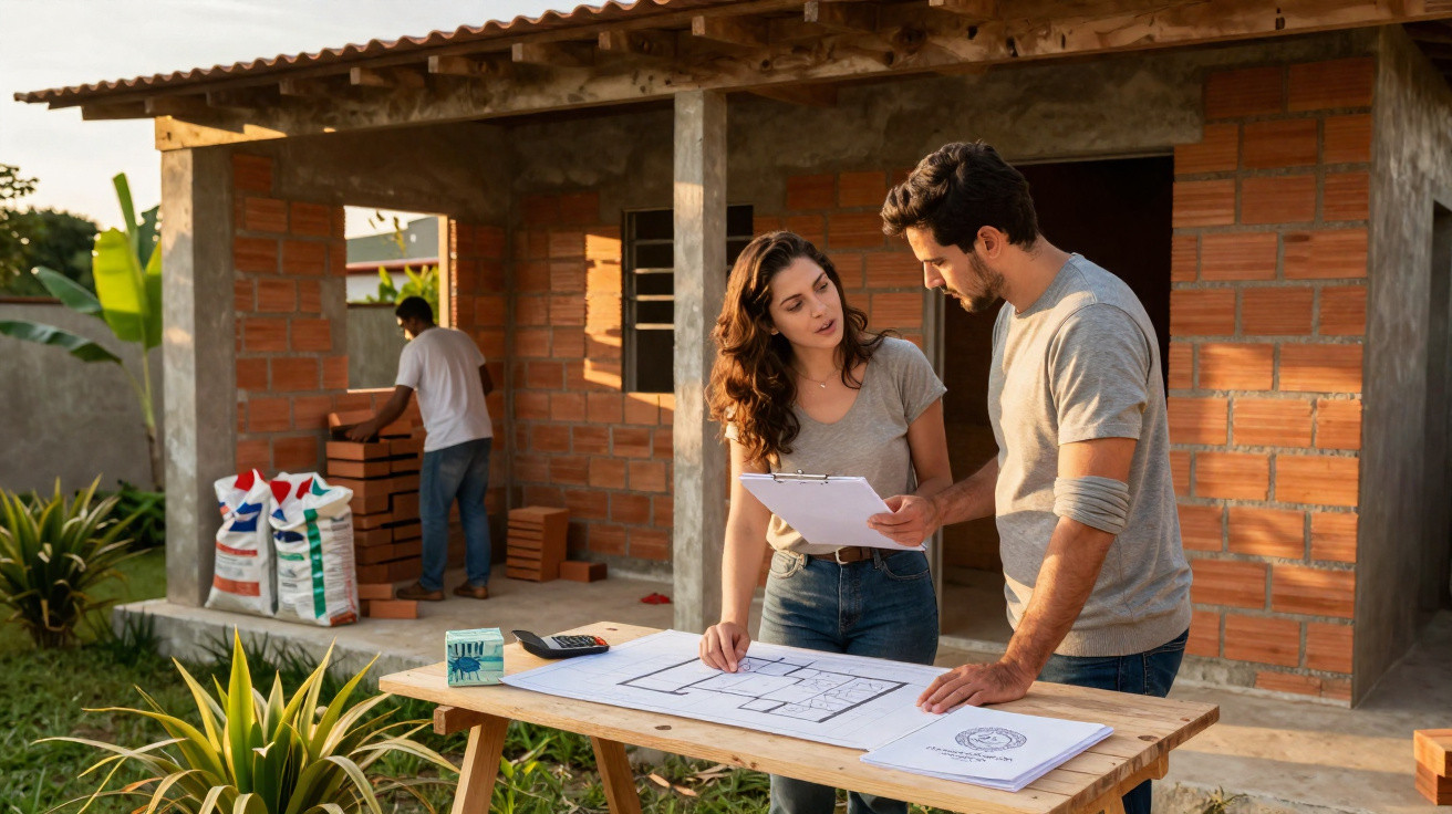 Casal a analisar plantas de construção junto a casa inacabada com trabalhador ao fundo.