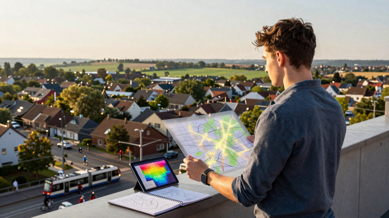 Homem analisa mapa transparente com dados, com vista panorâmica sobre bairro residencial ao pôr do sol.