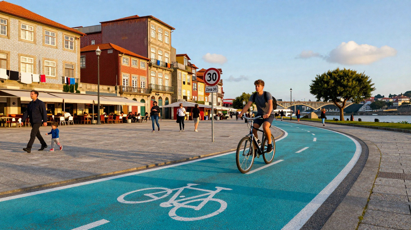 Pessoa a andar de bicicleta em ciclovia azul junto a rio e esplanadas com edifícios coloridos ao fundo.