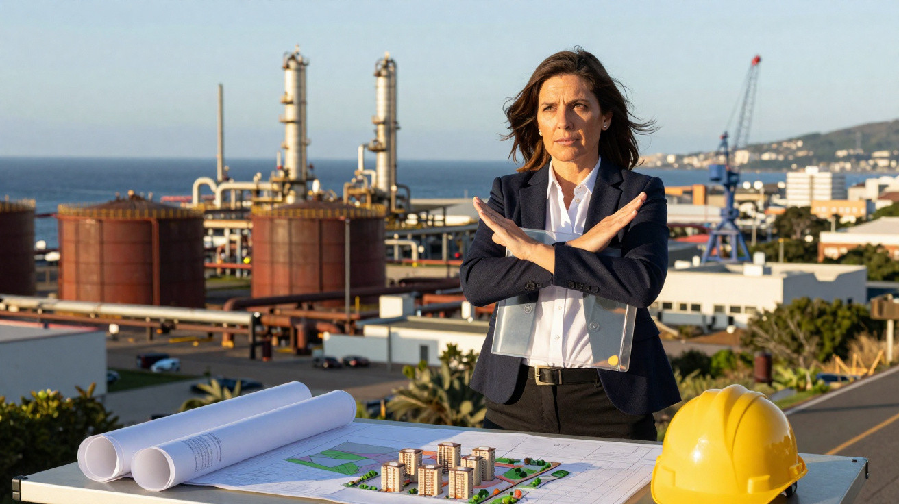 Mulher de negócios em construção industrial com braços cruzados em sinal de recusa, plano de construção e capacete amarelo.