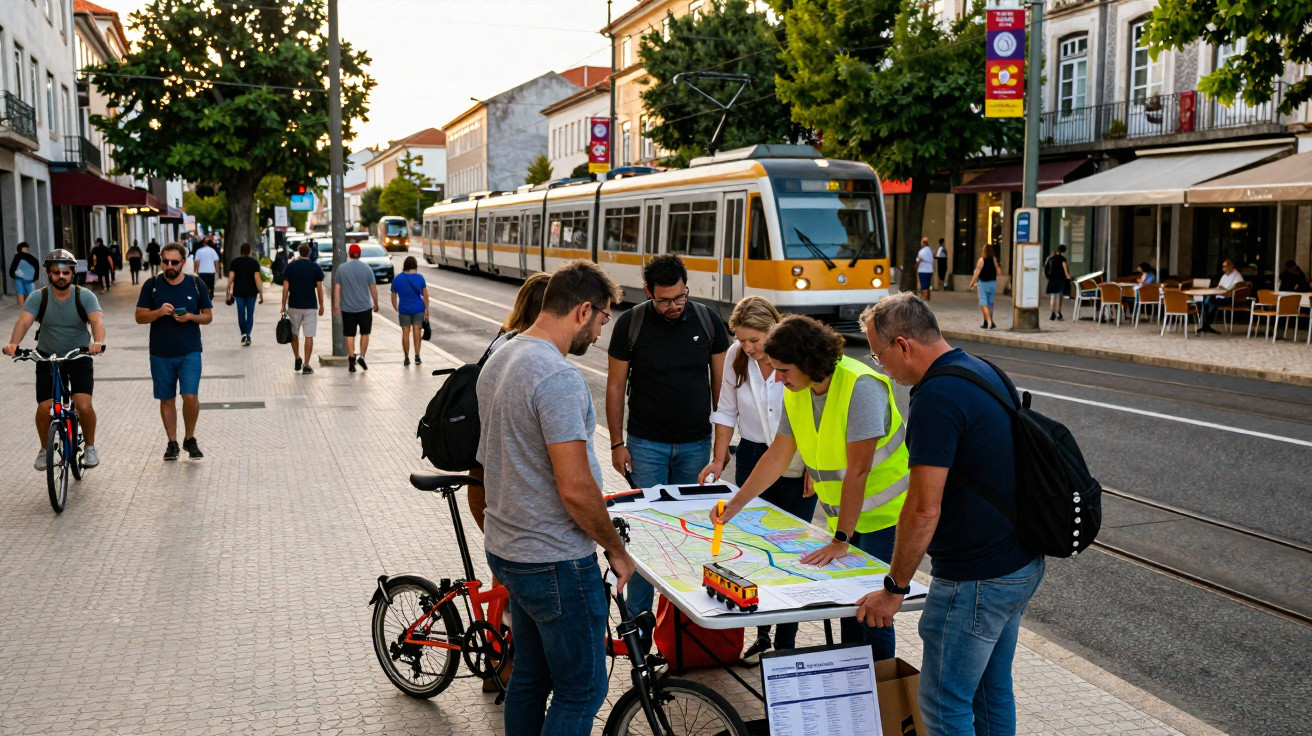Grupo de pessoas com bicicletas a analisar mapa numa mesa na rua, com elétrico ao fundo numa zona urbana.