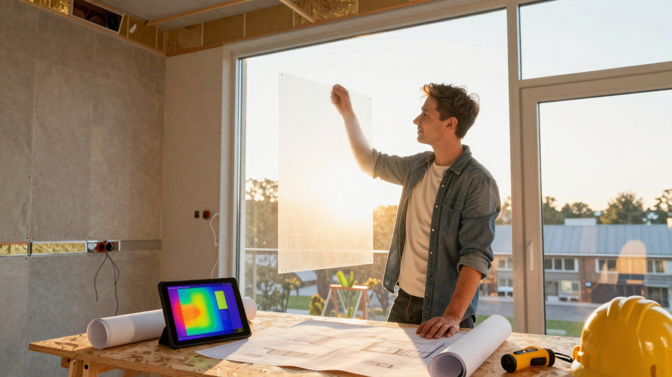 Homem a analisar um desenho transparente numa sala com plantas e ferramentas de construção.