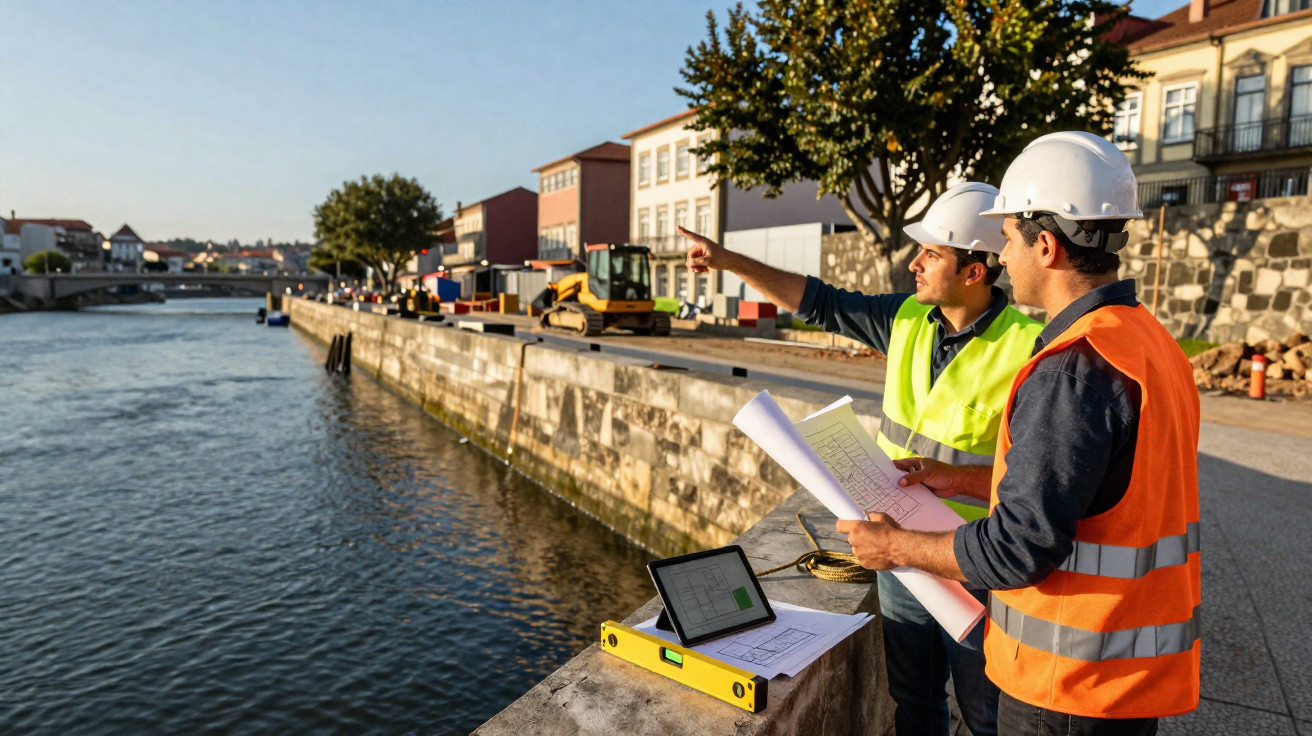 Dois engenheiros de construção na margem de um rio com capacetes e plantas na mão.