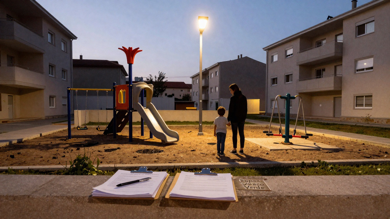 Parque infantil ao anoitecer com criança e adulto juntos, rodeado por prédios residenciais e dois formulários sobre muro.