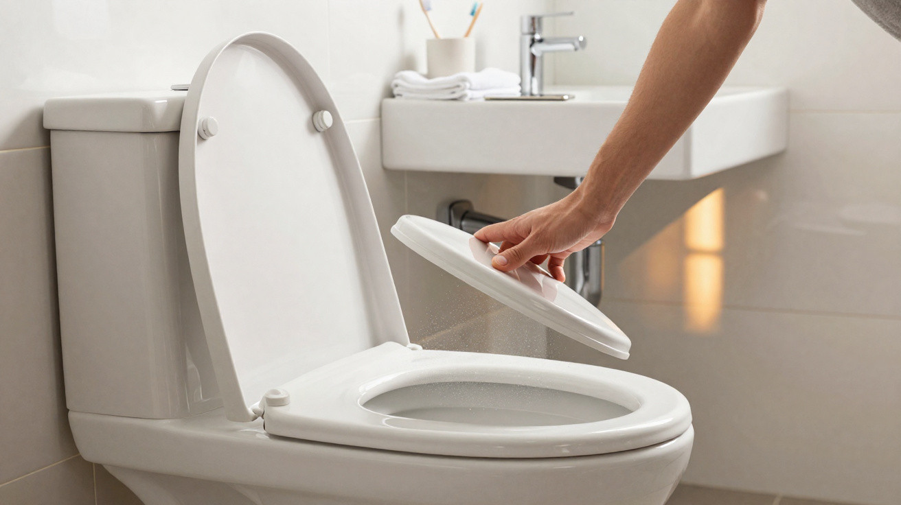 Mão a abrir a tampa de um sanita branca num WC com lavatório ao fundo.