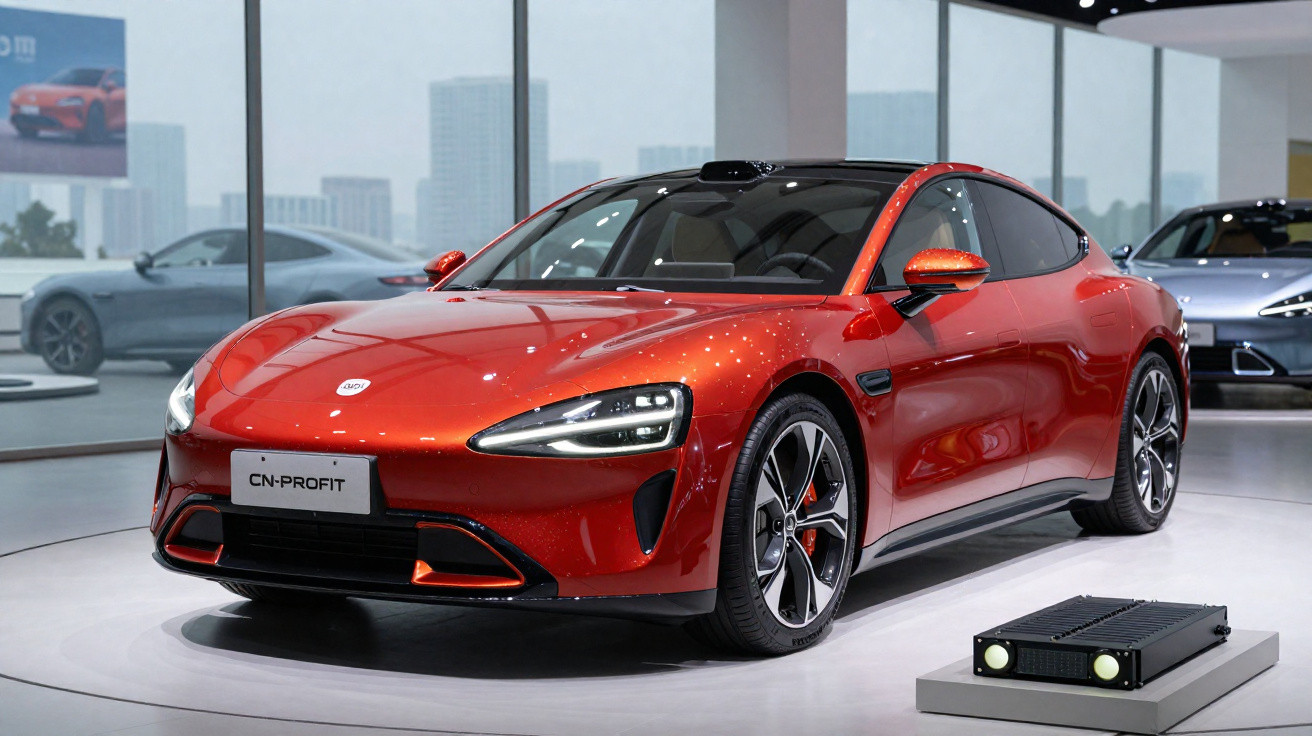 Carro desportivo vermelho com design moderno exposto numa sala de exposição com janelas grandes e outros veículos ao fundo.