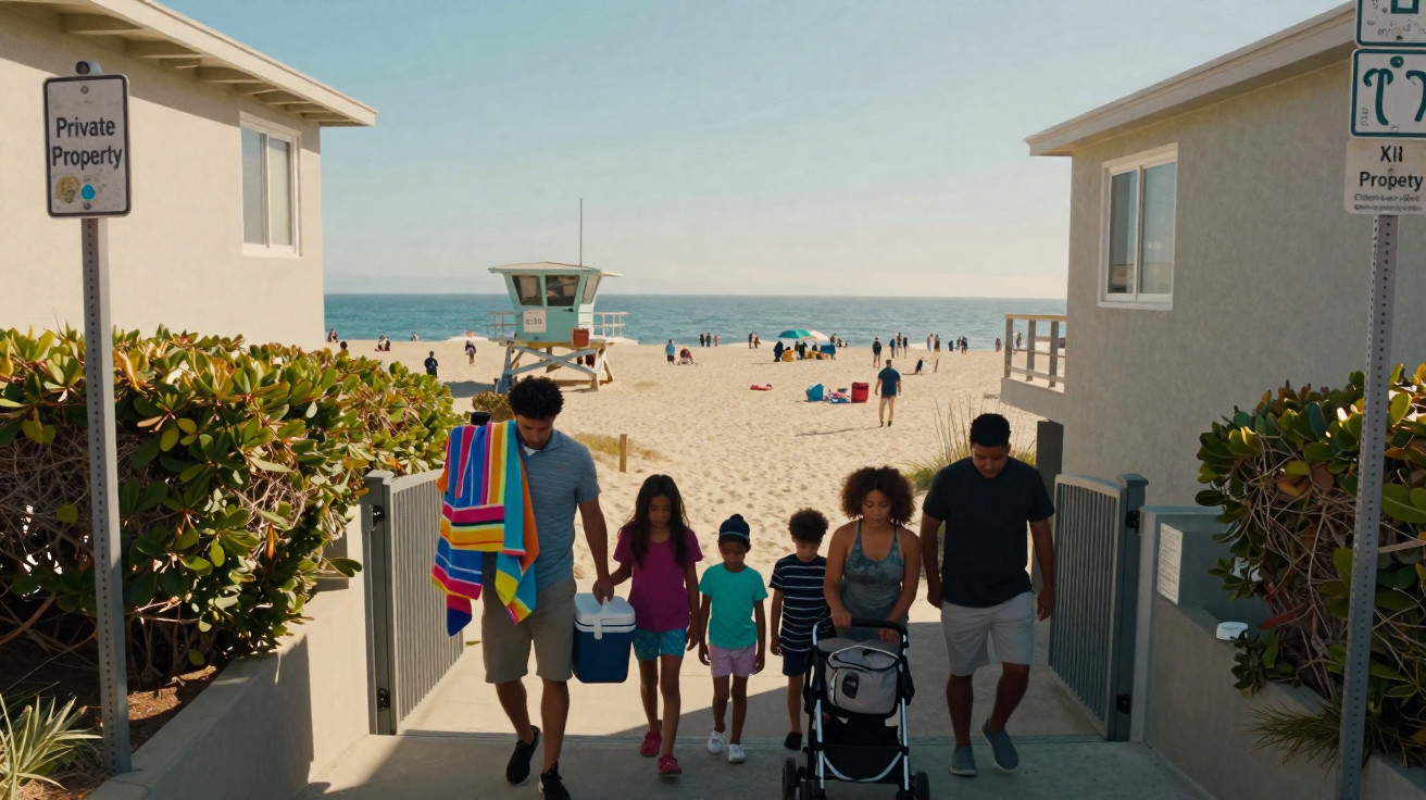 Família a caminho da praia numa passagem entre duas casas com torre de vigia ao fundo.