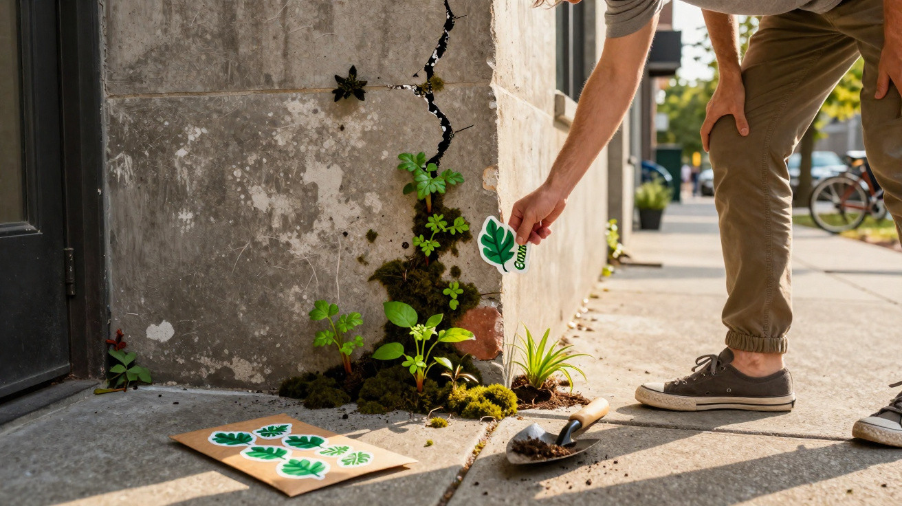 Pessoa a colocar autocolante de folha verde em parede rachada com plantas a crescer numa calçada urbana.