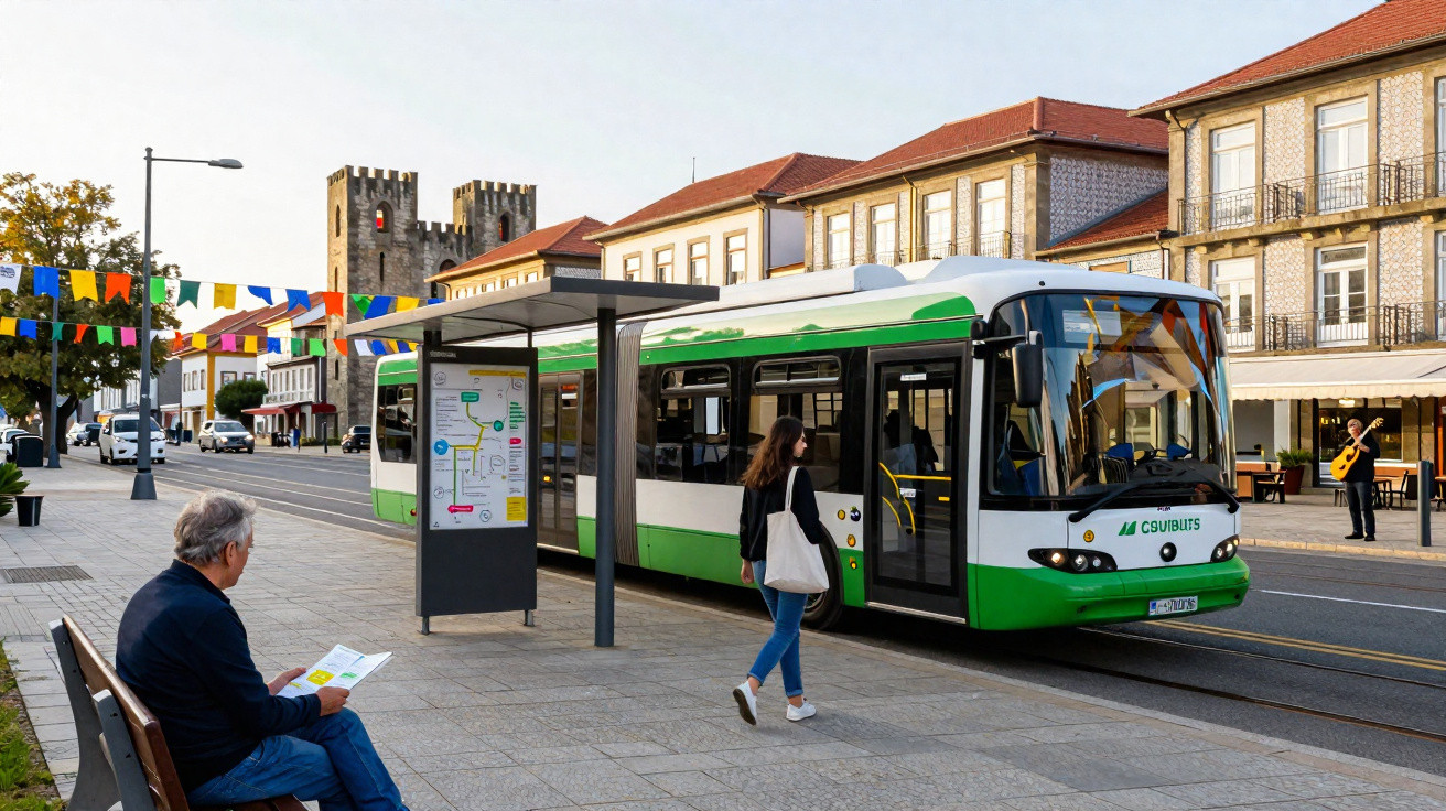 Autocarro verde e branco numa paragem urbana com pessoas e edifícios tradicionais ao fundo.
