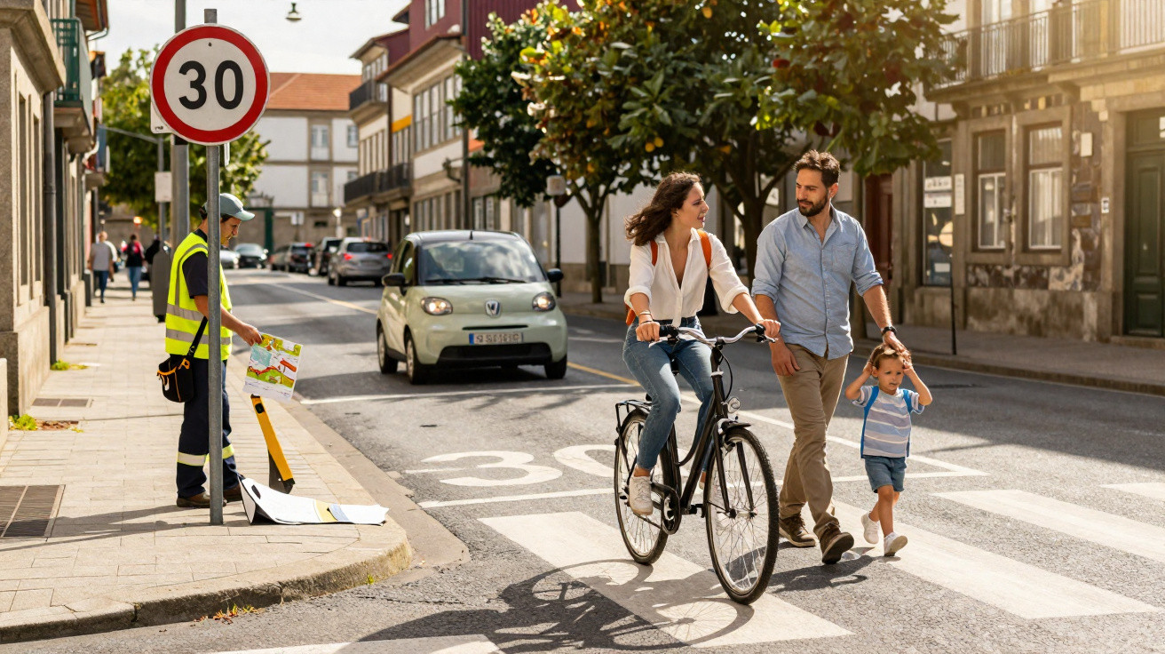 Família a atravessar passadeira numa rua com sinal de velocidade máxima de 30 km/h.