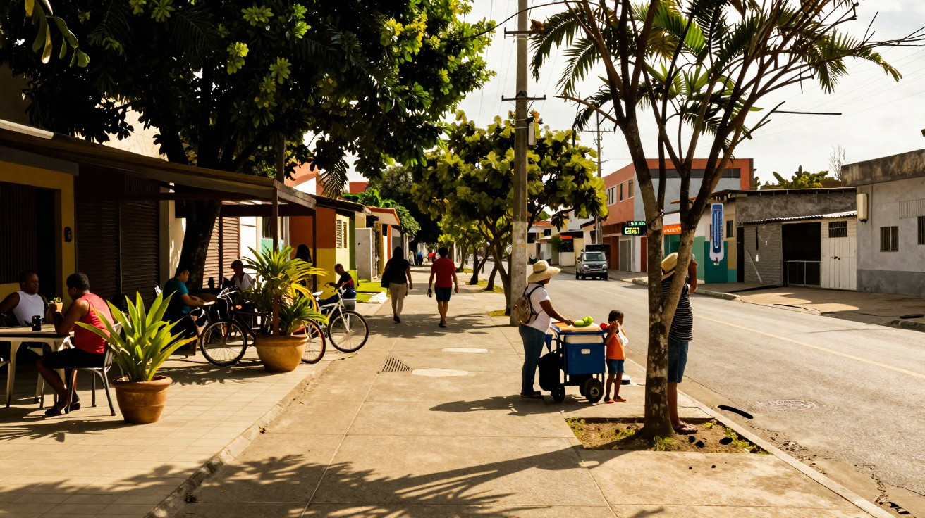 Rua com várias pessoas a caminhar, bicicletas encostadas, árvores e pessoas a conversar em esplanada.