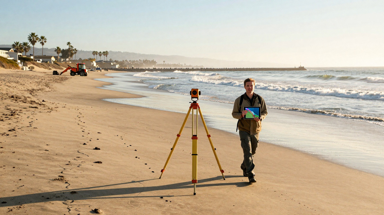 Pessoa com equipamento de medição topográfica na praia ao amanhecer, com ondas suaves e vegetação ao fundo.