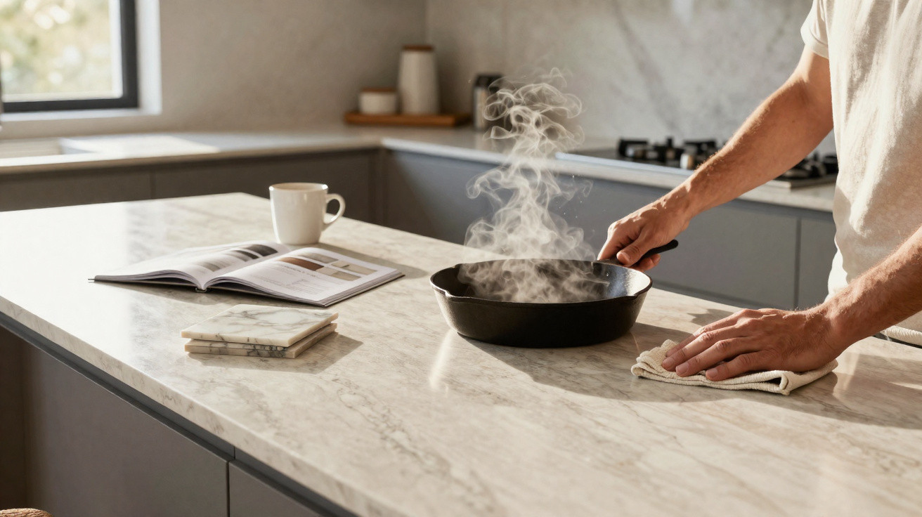 Pessoa a limpar frigideira quente com pano numa cozinha moderna iluminada pela luz natural.
