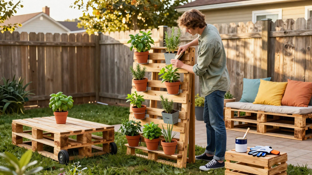 Homem a cuidar de plantas em vasos num jardim com móveis feitos de paletes de madeira.