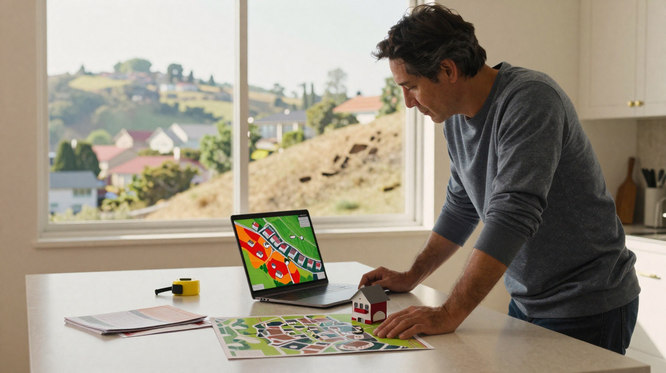 Homem a analisar modelo e planta de casas numa cozinha com computador portátil sobre a mesa.