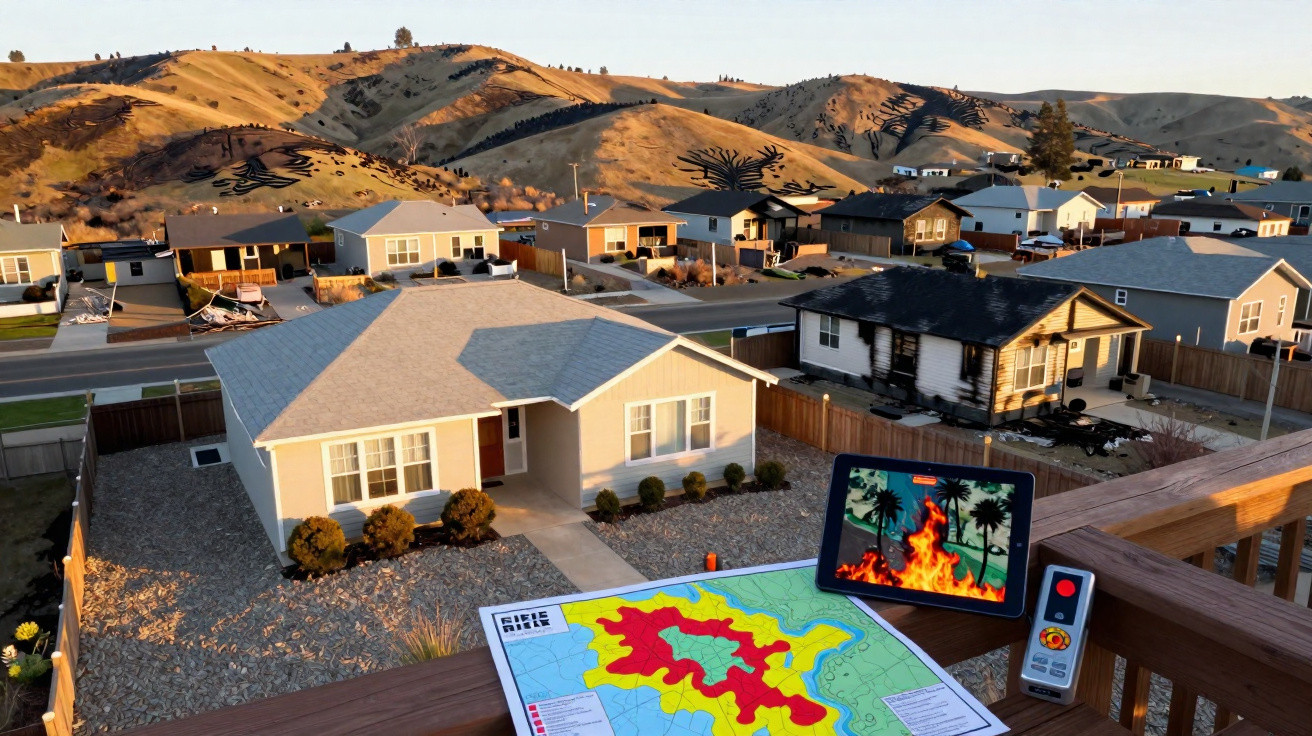 Vista aérea de bairro residencial com uma casa queimada e mapa de risco de incêndio em primeiro plano.
