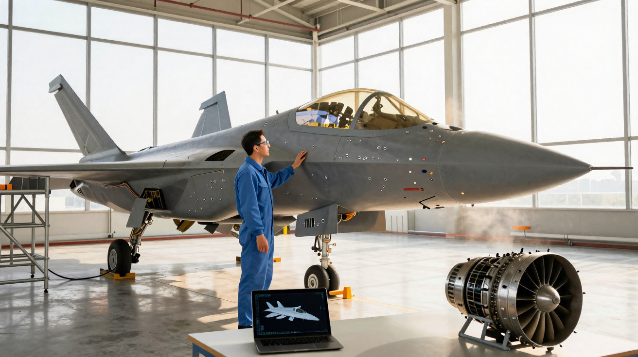 Homem em macacão azul inspeciona avião militar cinzento numa fábrica iluminada com motor desmontado e computador.