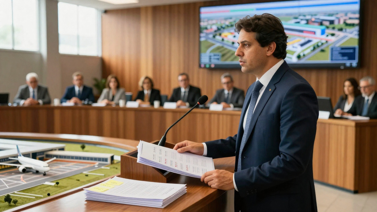 Homem de fato a apresentar projeto numa reunião formal com maquete e ecrã de aeroporto ao fundo.