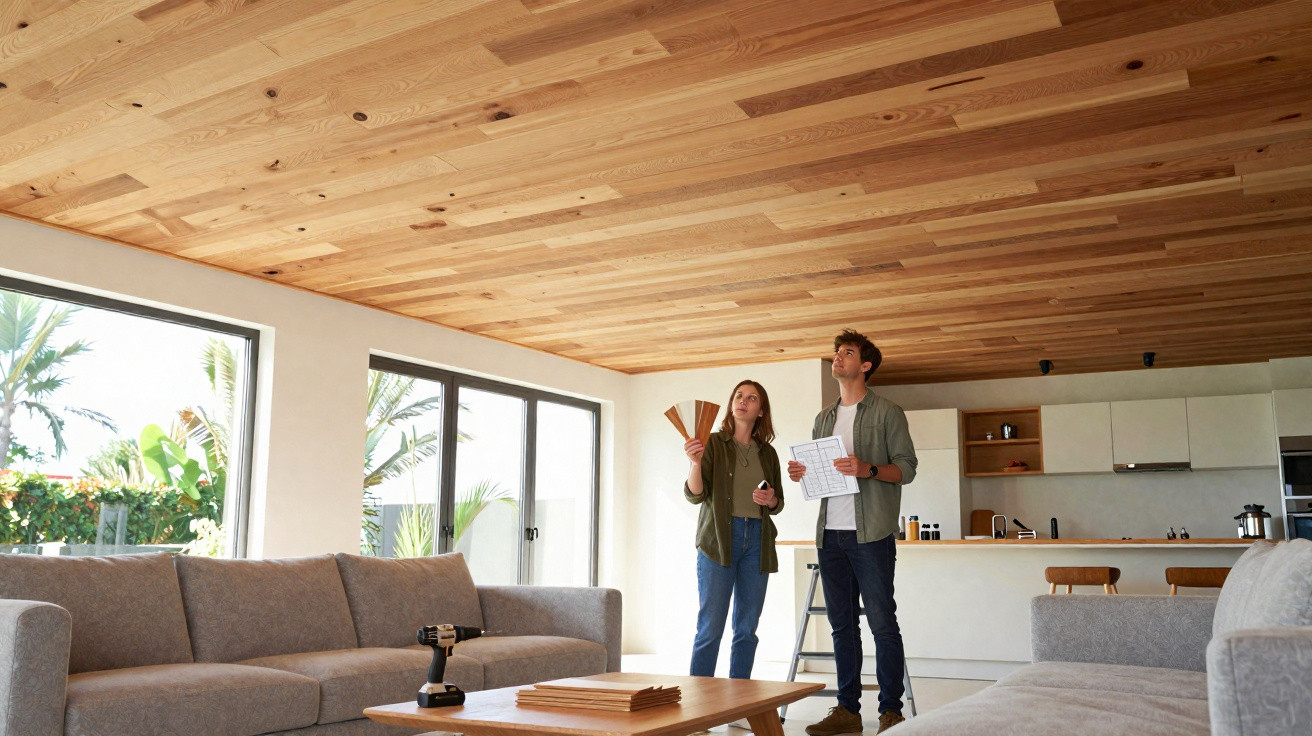 Casal jovem a planear a decoração do teto de madeira numa sala moderna e luminosa com sofá cinzento.