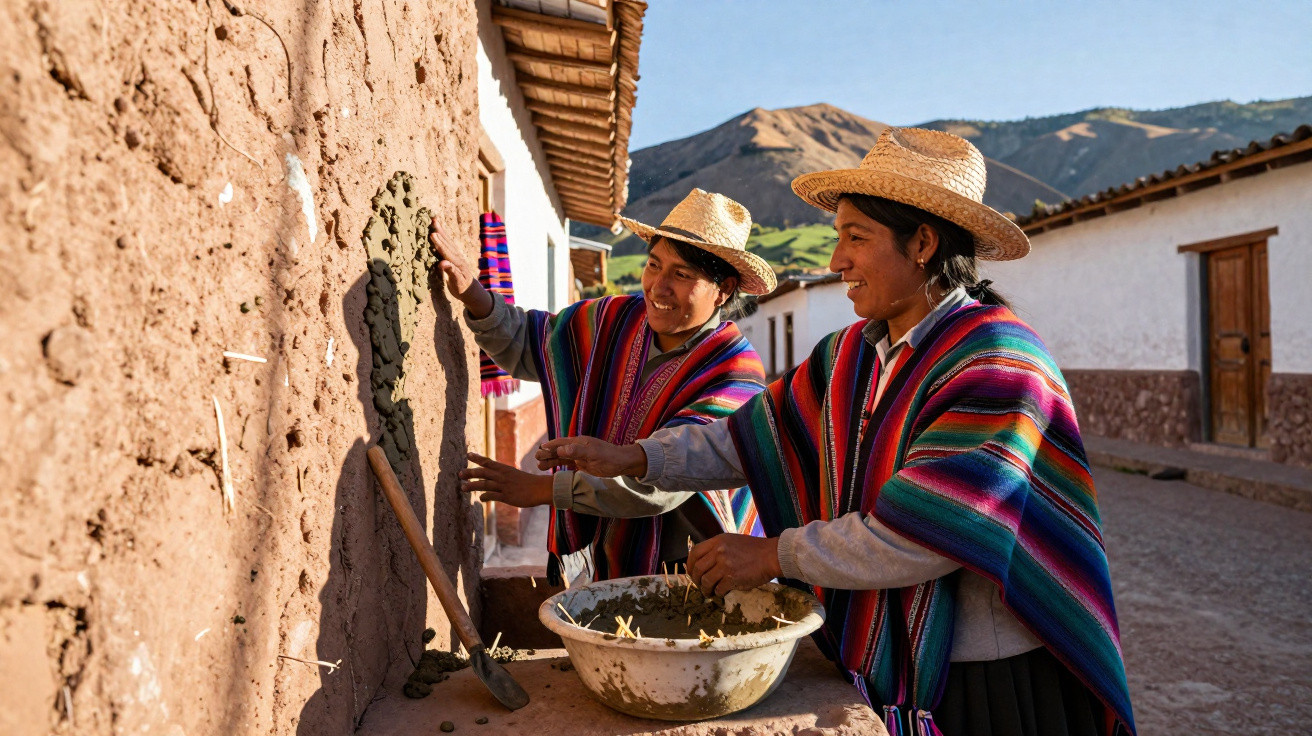 Duas mulheres com ponchos coloridos e chapéus a rebocar uma parede de adobe numa aldeia rural com montanhas ao fundo.