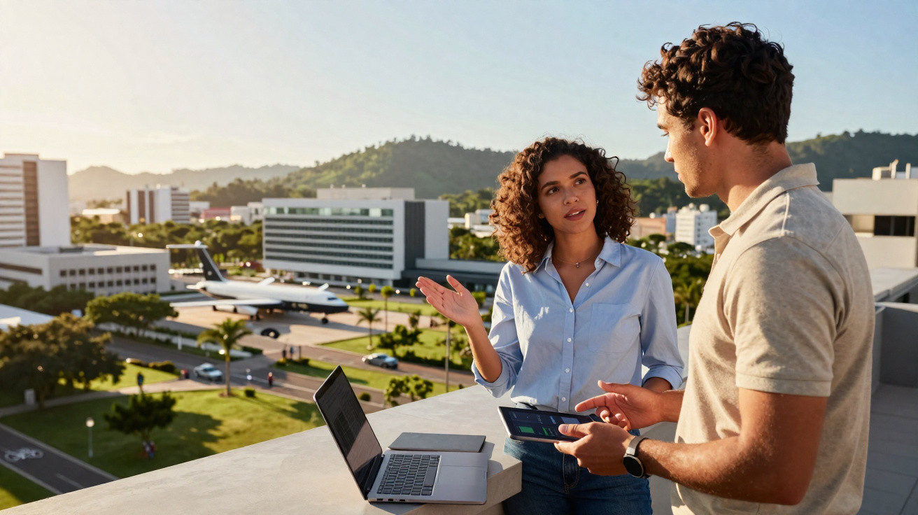 Duas pessoas a discutir trabalho num terraço com vista para um aeroporto e edifícios modernos ao fundo.