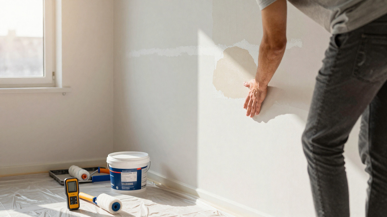 Pessoa a reparar furo numa parede branca com materiais de pintura no chão protegido por lona.