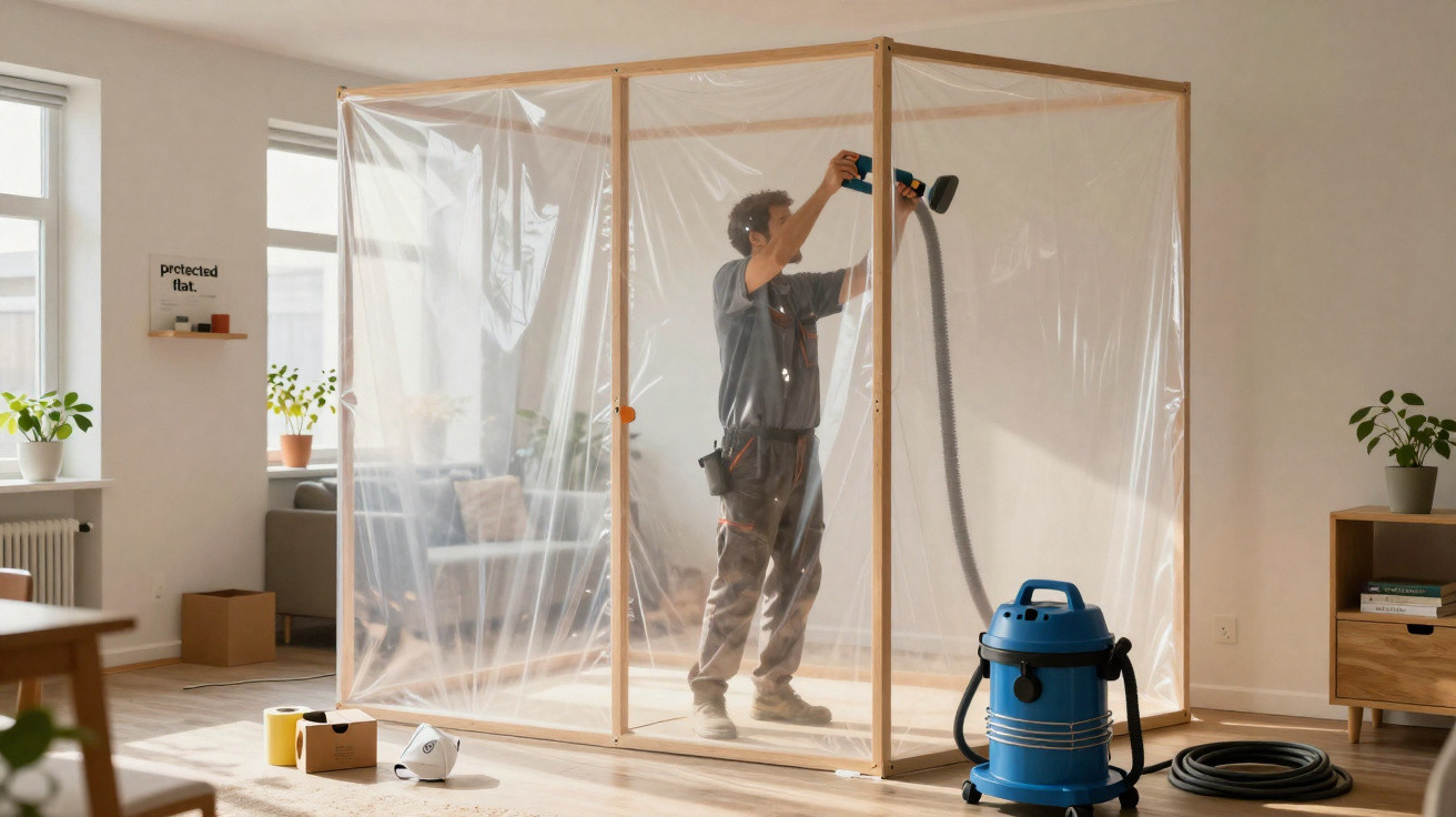 Homem a limpar paredes dentro de estrutura transparente num ambiente de sala espaçosa com aspirador industrial azul.