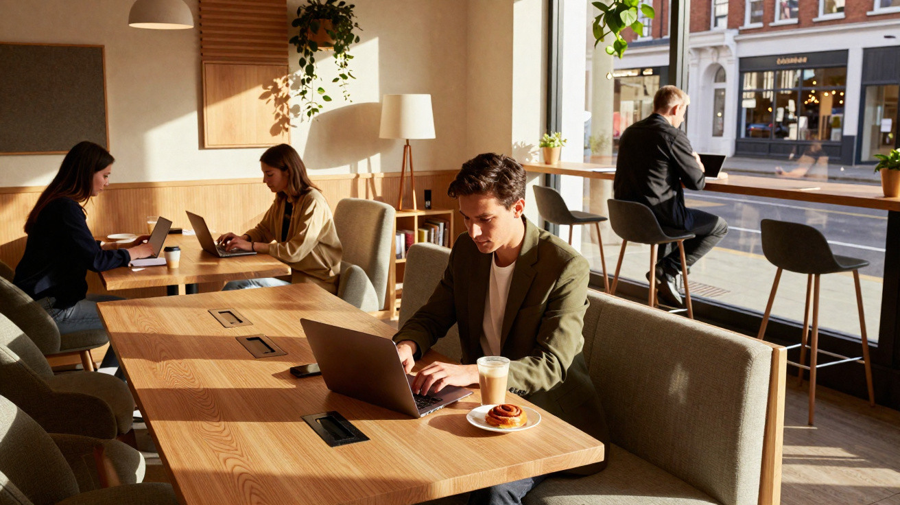 Pessoas a trabalhar em computadores portáteis num café moderno com luz natural e decoração aconchegante.
