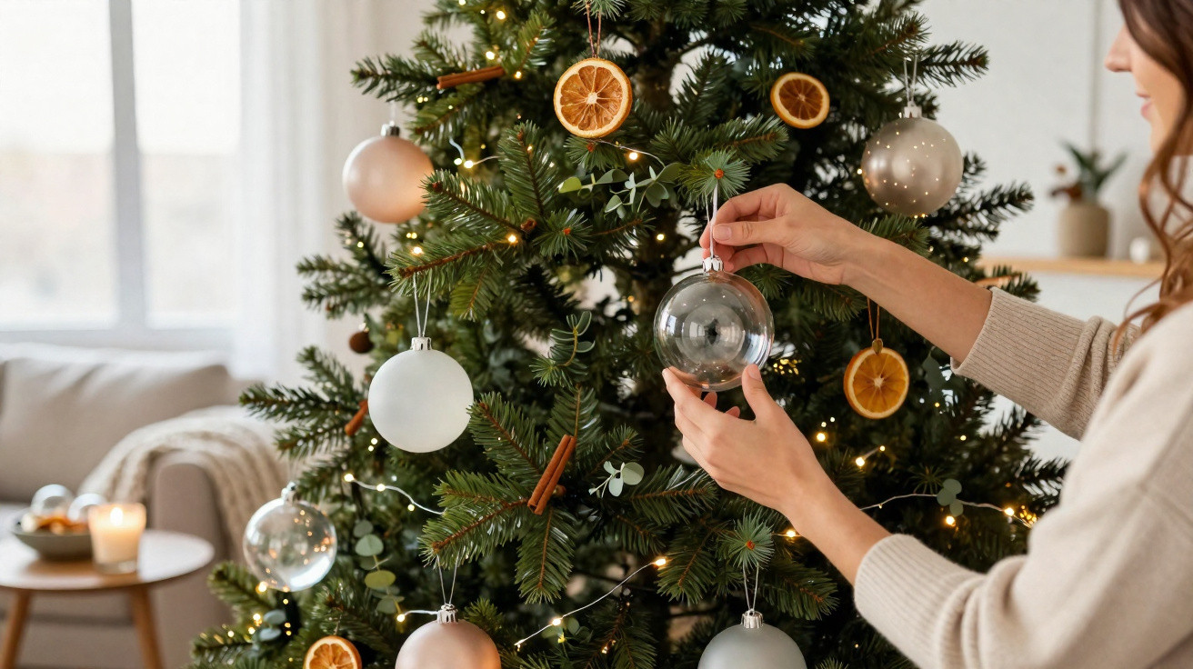 Mulher a decorar árvore de Natal com bolas transparentes, secções de laranja e luzes, ambiente acolhedor.