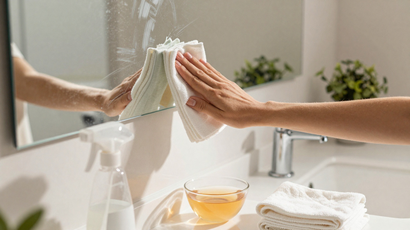 Mão a limpar um espelho de casa de banho com um pano branco, com acessórios e plantas ao fundo.
