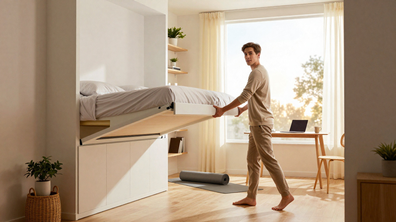 Homem a levantar cama escamoteável num quarto com janela grande e luz natural.