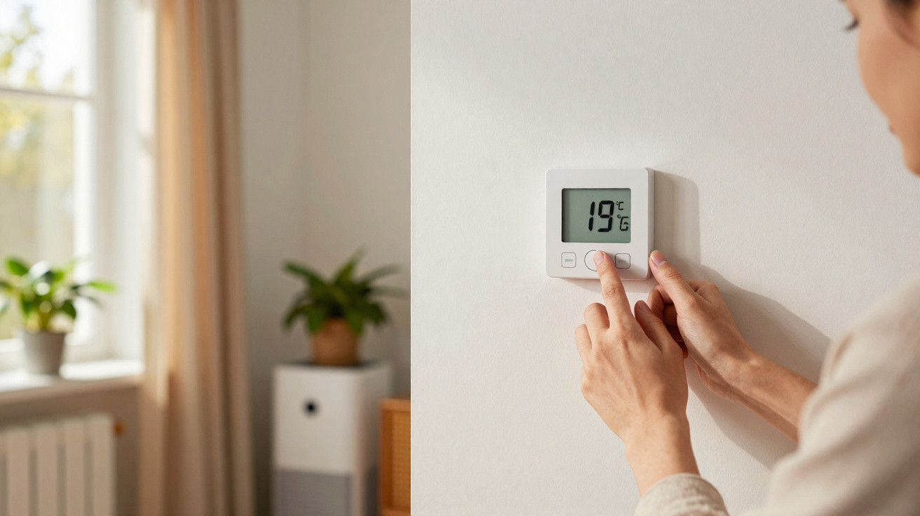 Pessoa a ajustar termóstato digital na parede para 19 graus numa divisão com plantas e cortinas claras.
