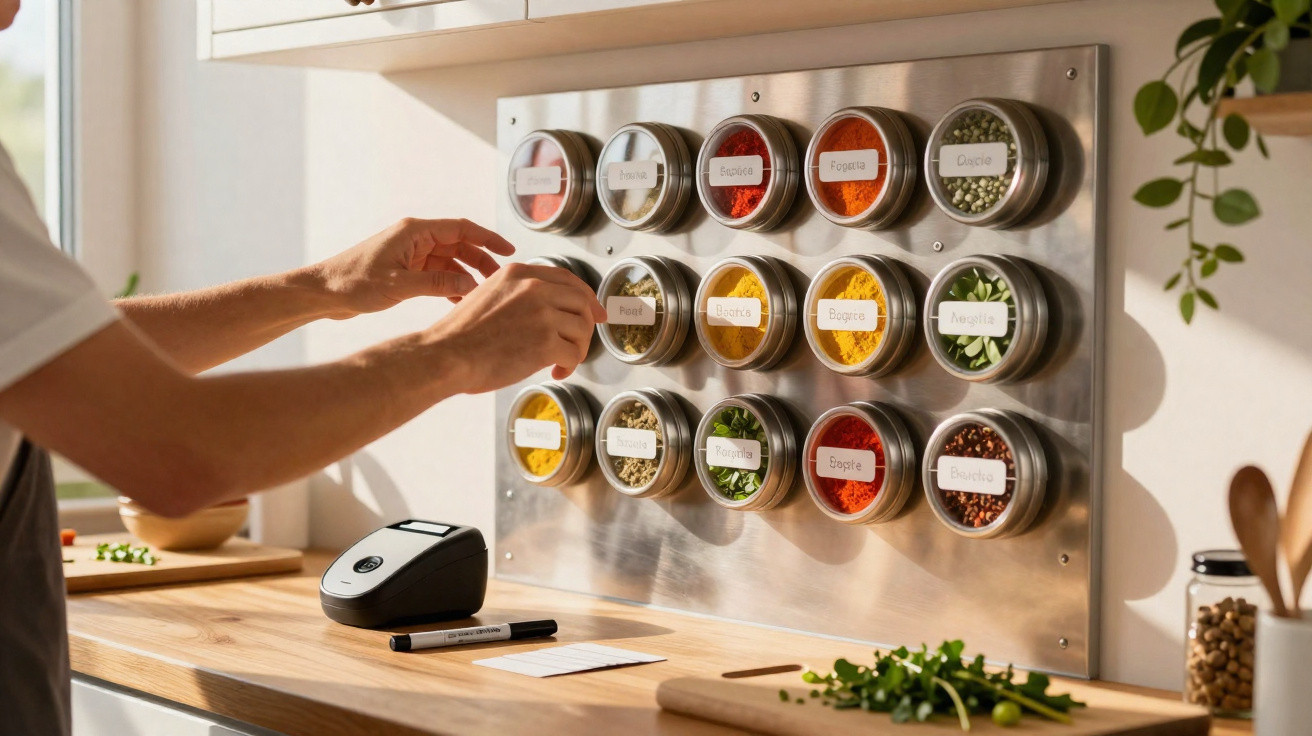 Pessoa a organizar frascos magnéticos com especiarias rotuladas numa cozinha moderna e iluminada.