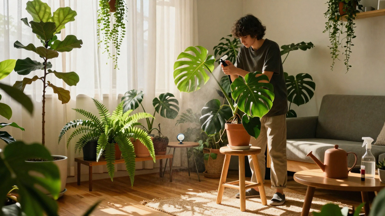 Pessoa rega plantas de interior numa sala iluminada com luz natural e decoração acolhedora.
