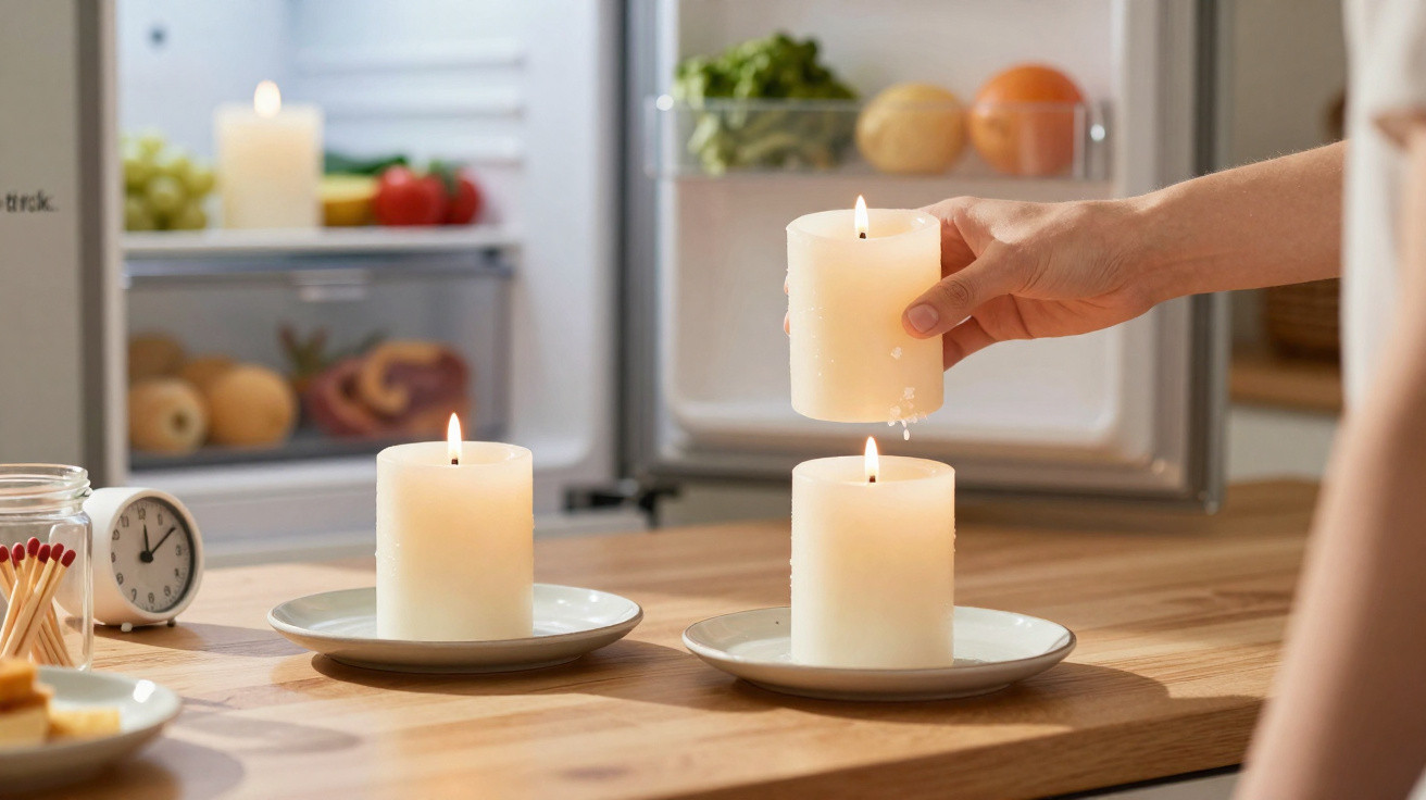 Pessoa a colocar vela acesa em prato na cozinha com frigorífico aberto ao fundo.