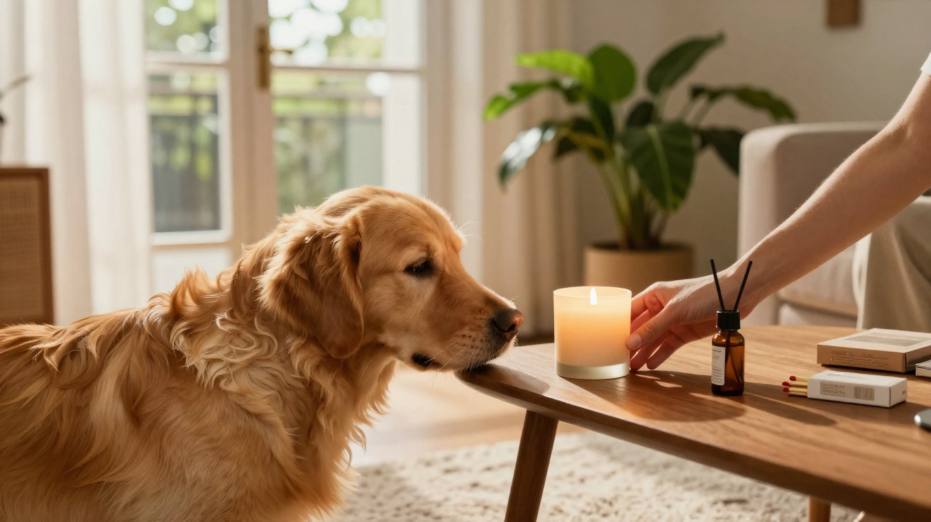 Cão golden retriever a cheirar vela acesa numa mesa de madeira, com mão a aproximar-se da vela.