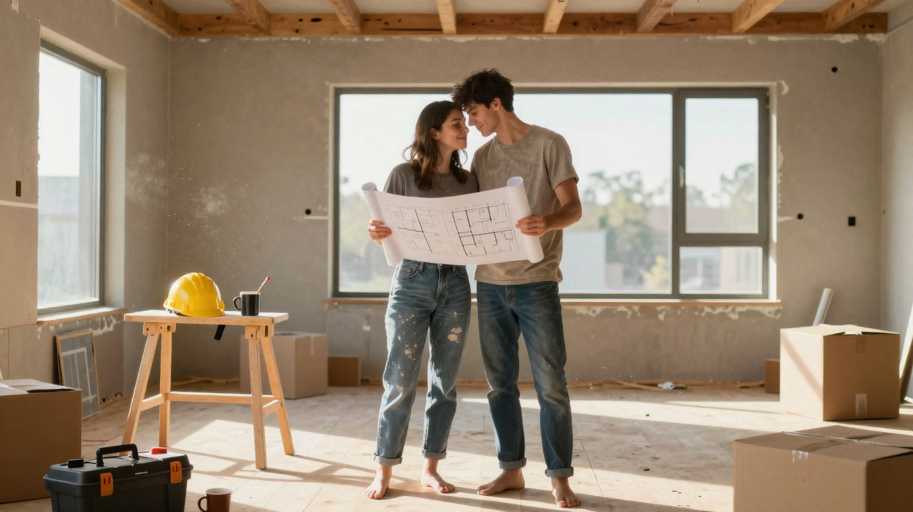 Casal jovem descalço a analisar planta numa casa em obra rodeados de caixas e ferramentas.