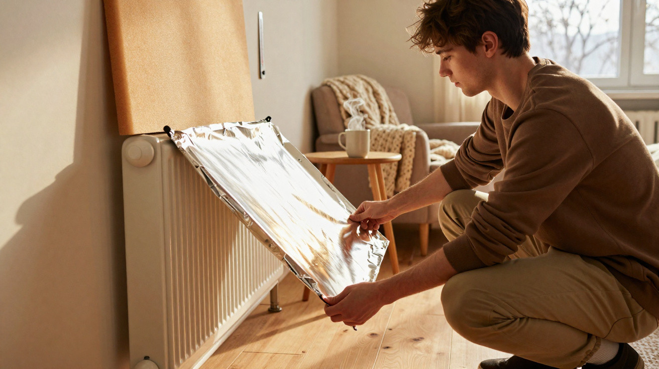 Homem jovem a instalar refletor térmico numa radiador para melhorar eficiência energética.